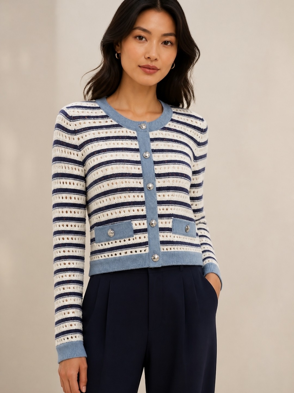 Steve Madden Casette Striped Pointelle Button-Front Cardigan in Blue and White